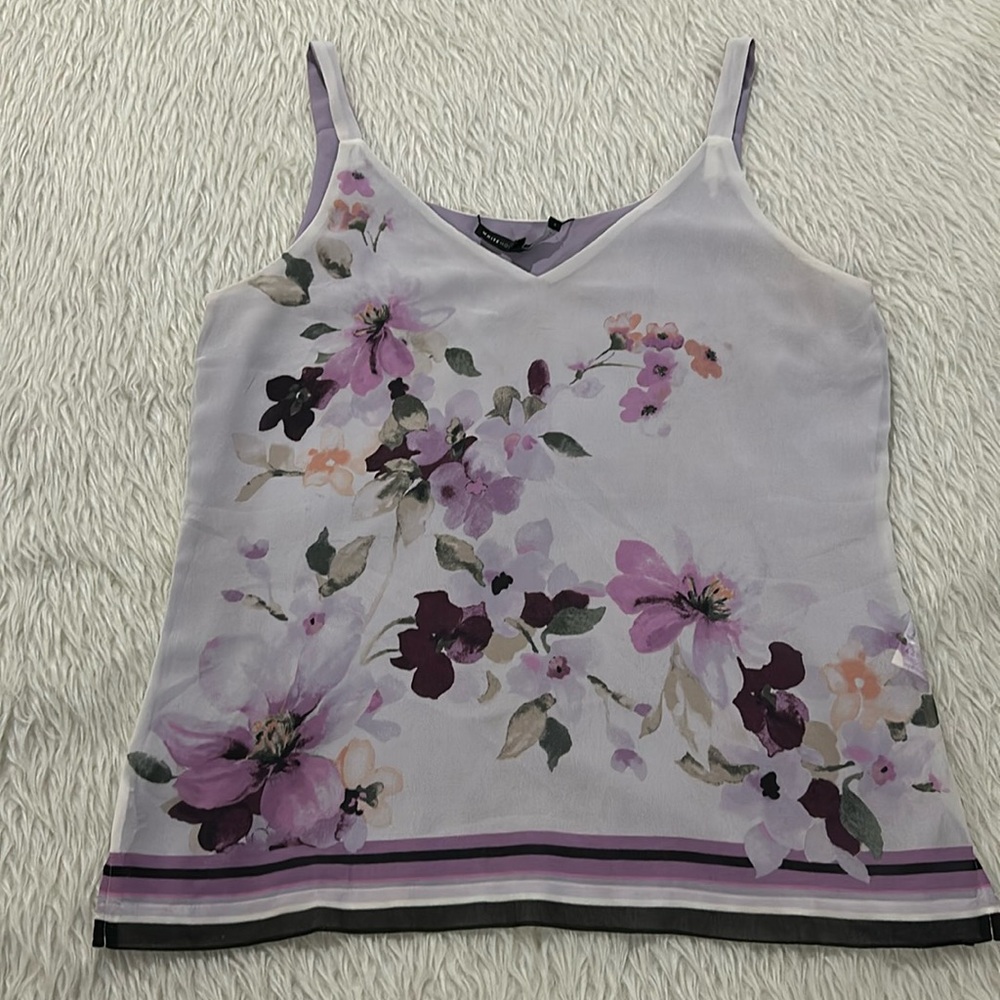 White House black market purple sheer floral reversible blouse size small